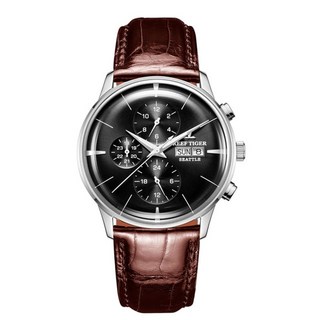 암초 호랑이rt 럭셔리 드레스 시계 남성 다기능 로즈 골드 브라운 가죽 스트랩 자동 시계 date day rga1699