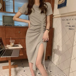 기니디샵 셔링 앞트임 반팔 원피스 소프트 라운드넥 신축성 zin+66778VN