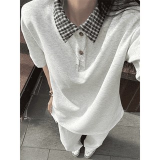 假兩件格紋拼接Polo衫短袖男款，學院風襯衫領T恤，美式復古半袖設計，夏季潮流必備