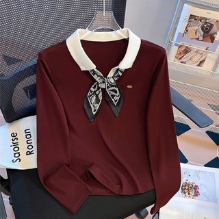 【韓系正肩】Polo衫 長袖T恤 女上衣 短款上衣 修身T恤 翻領設計 絲巾繫帶裝飾 春秋新款 韓版通勤穿搭