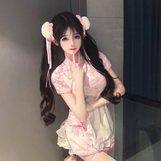 中華小廚娘 Lolita 日系女僕圍裙COS服 新中式旗袍連衣裙套裝, 1個, 粉色+圍裙+白絲襪,中碼100-120斤