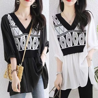 長袖雪紡衫 大尺碼遮肚子襯衫 大碼雪紡上衣 春秋打底衫 減齡顯瘦女襯衫