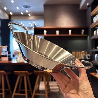 不銹鋼西班牙海鮮飯鍋龍蝦盤韓式炸雞盤部隊火鍋干鍋雙耳平底鍋仔, 1個, 【特厚雙耳西班牙海鮮鍋】,22CM-拋光拉絲+防燙易端拿