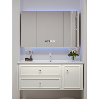 陶瓷一體盆櫃浴室櫃組合 衛生間洗漱臺盆一體洗手洗臉臺, 白0.7米 玻璃智能鏡櫃（層板燈+除霧+紙巾孔）包安裝