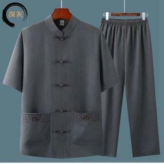 夏季短袖中老年唐裝套裝中國風男士爸爸裝爺爺裝老人衣服漢服