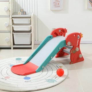 哩哩摳摳 兒童溜滑梯 盪鞦韆組合，檢驗合格室內溜滑梯，寶寶滑梯附籃球框, 1個, 新二合一 恐龍紅色, 恐龍紅色