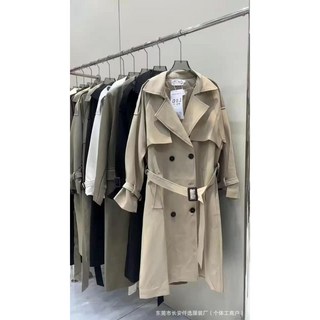 Fee現貨 拼接大翻領袖口雙排釦風衣外套 附腰帶 英倫風綁帶長版大衣