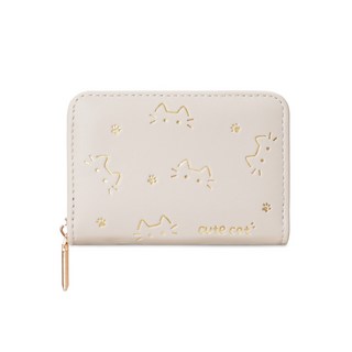 可愛小貓咪 PU皮夾 壓花設計 多卡位短款女士錢包, 米白, 1個