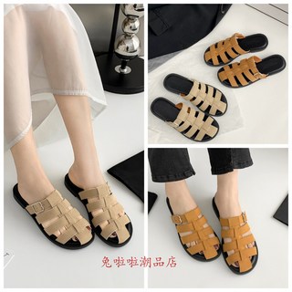 韓版編織穆勒鞋藤編包頭拖鞋 羅馬 度假復古百搭 夏透氣 平底鞋 勃肯包頭半拖鞋 夏季外穿厚底柔軟涼鞋仙女風法式涼拖鞋, 褐色,38【240】