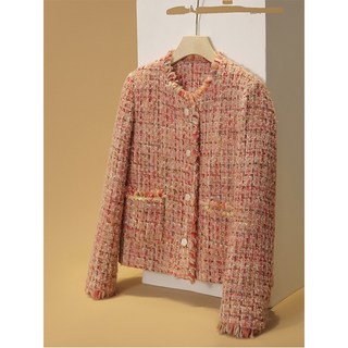 【小香風短款】粗花呢外套 女裝外套 春裝外套 小香風上衣 毛邊設計 粉色羊毛呢 高端女裝 2026春季新款 通勤約會必備