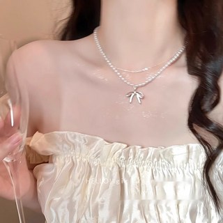 리본 진주 이중 목걸이 여성 액세서리 체인 리본 펜던트 여성 목걸이 데일리