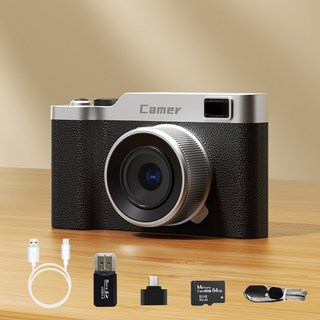 해브유 고화질 미니 빈티지 디지털 카메라 소형 휴대용 여행용+64G메모리카드, 블랙