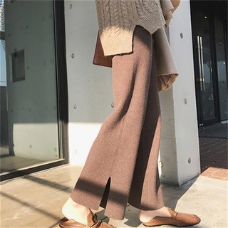 besteffie 여성용 니트 와이드핏 롱다리 팬츠 여유로운 루즈핏 사이드 슬릿 디자인 봄 가을 데일리웨어 K69