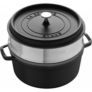 Staub La Cocotte 鑄鐵鍋 琺瑯鍋 圓形湯鍋 燉鍋 26cm 新款 含蒸籠, 黑色, 1個