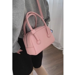 女士手提保齡球包 櫻花粉小方包 斜挎通勤包, 包包+肩帶,粉色