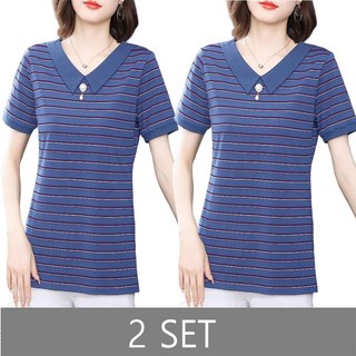 ROYALBELLE 2장묶음 여성 스트라이프 반팔 티셔츠 중년 엄마옷 루즈핏 카라넥 심플 상의 데일리룩 V32215