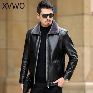 XVWO 남성 가죽양털자켓 중년용 겨울용 따뜻한 피모일체 PU가죽 점퍼 아버지용 두꺼운 보온 외투