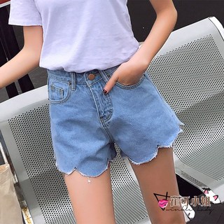 崔可小姐 高腰牛仔短褲 不規則波浪毛邊 熱褲 EC0112