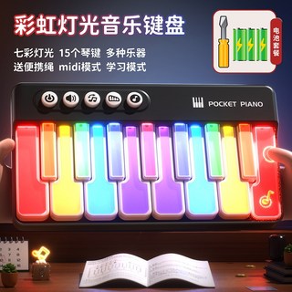 彩虹燈光音樂電子琴 口袋電子琴 聲光玩具 兒童玩具 七彩燈光電子琴 多功能電子琴, 1個, 黑色, 黑色