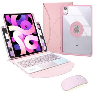Powerway iPad Air5/Air4 (10.9吋) 專用藍牙鍵盤皮套保護殼組 (含同色無線滑鼠)，輕巧便攜，提升工作效率, 櫻花粉(粉鍵帽/粉滑鼠/粉色透明保護殼), 剪刀腳巧克力式鍵帽