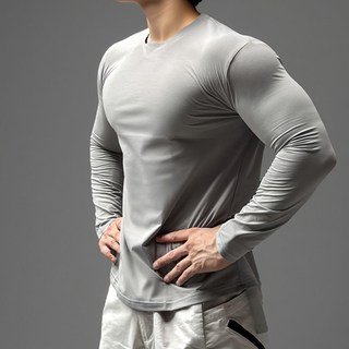 MDIVGYM 남자 머슬핏 면 스판 긴팔 슬림핏 무지티 라운드 티셔츠