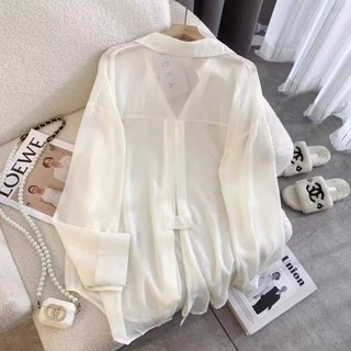 中長款薄款防曬襯衫女 夏季雪紡露背開衫上衣, 黑色,XXS