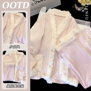 冬季睡衣女新款德絨長袖可愛卡通小翻領長袖長褲休閒家居服套裝