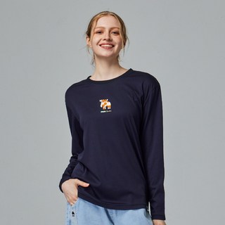 moz SWEDEN 植絨圓點駝鹿 冰河棉涼感彈力四季長袖T恤 藏青 女款