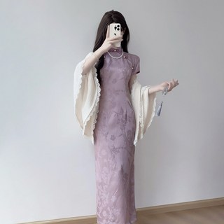 紫色旗袍長裙 優雅修身民國風氣質 宴會禮服, 杏色披肩【均碼，默認拍M】,M