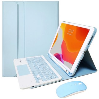 Powerway iPad 10.2吋(9/8/7代)專用藍牙鍵盤皮套組 樂控設計搭配同色無線滑鼠 提升您的平板使用體驗, 天空藍(藍色鍵帽/藍色滑鼠), 剪刀腳巧克力式鍵帽