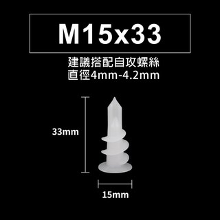 尼龍石膏板膨脹螺絲 螺旋擰入式飛機管 窗簾牆塞 15x33mm 適用4-4.2mm自攻螺絲, 1個, 15mm*33mm