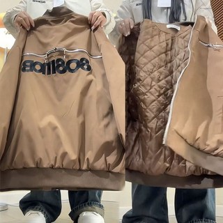 秋冬夾棉美式情侶十字架後背拉鍊棒球外套新款寬鬆刺繡加厚棉服, 黑色,M