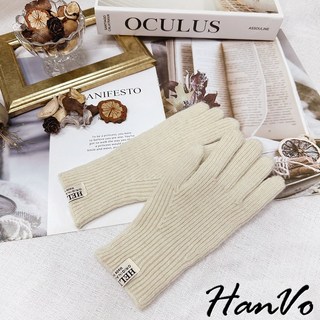HanVo 小標籤羊毛露指觸屏手套 秋冬保暖簡約毛絨手套 機車族必備 女生配件 C02-8072, 象牙米