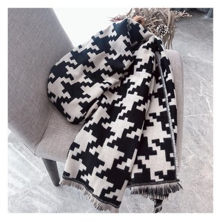 柔軟親膚千鳥格紋加厚保暖流蘇圍巾