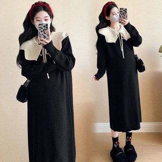 여성 임산부 원피스 캐주얼 가을 겨울 임부복 루즈핏 수유 원피스 기질 임부 라운드 니트 원피스 ZZL