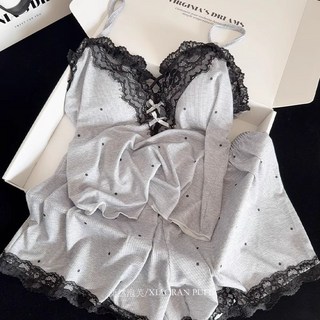 莫代爾絲蕾絲花邊吊帶睡衣短褲套裝 帶胸墊家居服