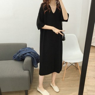 에쉬울프 여성 루즈핏 브이넥 데일리룩 베이직 롱 원피스