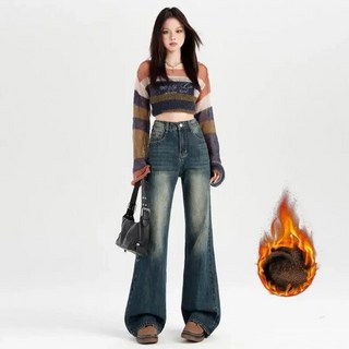 여성 일자핏 청바지 빈티지 기모 도톰 겨울 하이웨스트 슬림핏 일자 와이드 슬리퍼 바지 MODU4