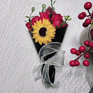 教師節玫瑰花束 向日葵仿真香皂花禮物 七夕情人節, 黑紅,高度30釐米左右, 1個