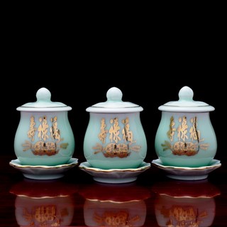 鶯歌精作彩蓮三杯盤套組 - 50ml 彩繪陶瓷供水杯，佛前祖先杯, 1個, 【福祿壽】三杯盤套組50ml