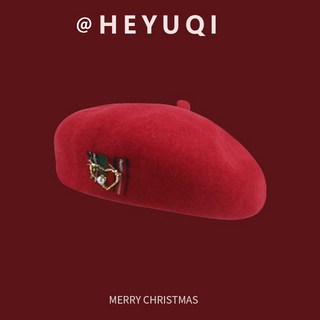 聖誕紅帽子紅色毛呢貝雷帽女秋冬復古百搭大頭圍顯臉小蓓蕾帽聖誕帽子甜美帽子台灣發貨