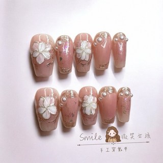 Smile 微笑女孩 手工穿戴甲 中長款 2cm 粉色花朵珍珠美甲片, 1個, 77【M】