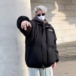 潮牌米白色連帽寬鬆短版棉服外套 - 冬季潮流保暖面包服