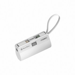 Meet Mind PD/QC 5000mAh 直插式行動電源 口袋行動電源 小巧便攜 數位顯示 隱藏腳架, L頭+C自帶線/白, 白