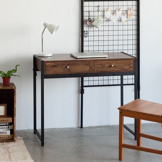 Amos 亞摩斯 輕工業復古風鐵框96公分書桌，雙抽屜設計，電腦桌辦公桌工作桌首選，穩固耐用。, 復古木紋