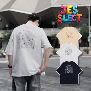 【JES】美式質感熊本熊地圖塗鴉印花短袖上衣，親膚透氣潮流百搭情侶款, 白,L