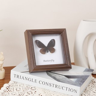 木質立體蝴蝶昆蟲標本框 黑色展示畫框 2cm中空設計 真玻璃裝裱擺臺, 1個, 胡桃色【真玻璃】,正方形4寸10.1*10.1cm)擺臺