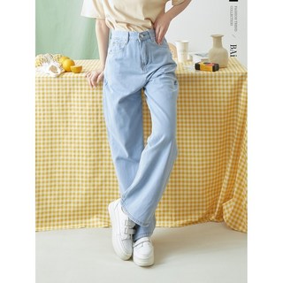 牛仔寬褲／高腰淺刷丹寧寬管落地褲S-XXL號