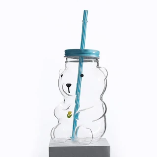 500ml 곰 유리 빨대컵 내열성 귀여운 주스/커피/우유컵 인스타그램에 어울리는 고붕규산, 01 Bear