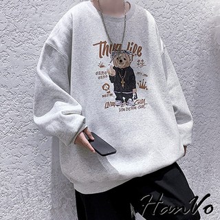 HanVo 男款嘻哈潮流熊熊大學T恤 柔軟刷毛保暖長袖上衣 韓系休閒百搭男生衣著 B02-2004